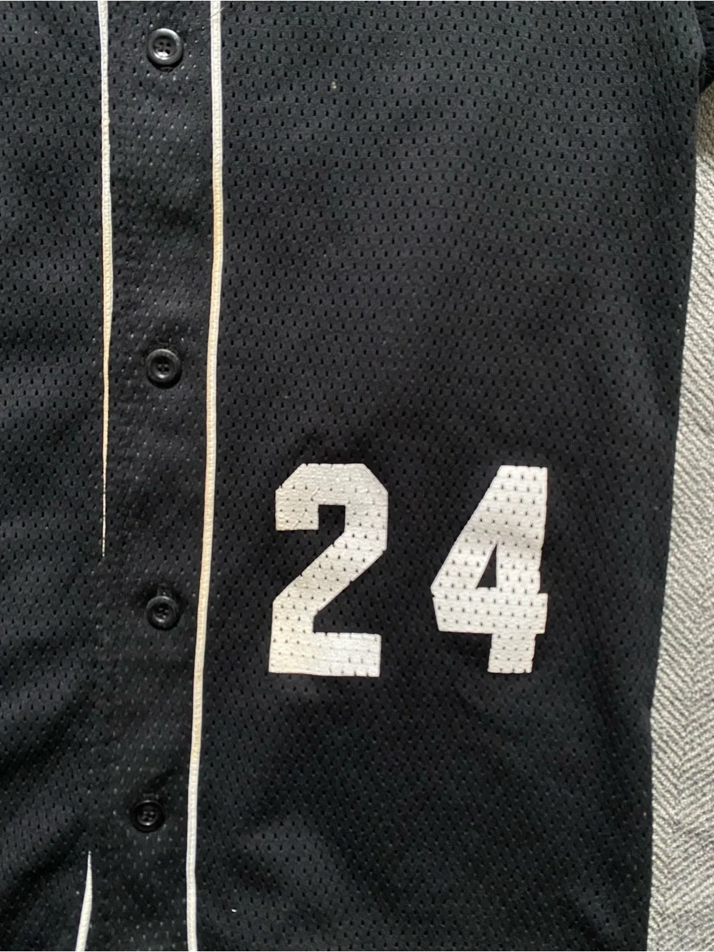 Kids Black Baseball Jersey with White Piping and Number 24